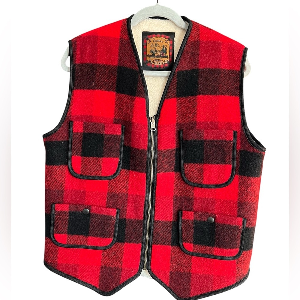 Vintage Woolrich Red Black Buffalo Plaid Wool Sherpa Utility Vest Size S